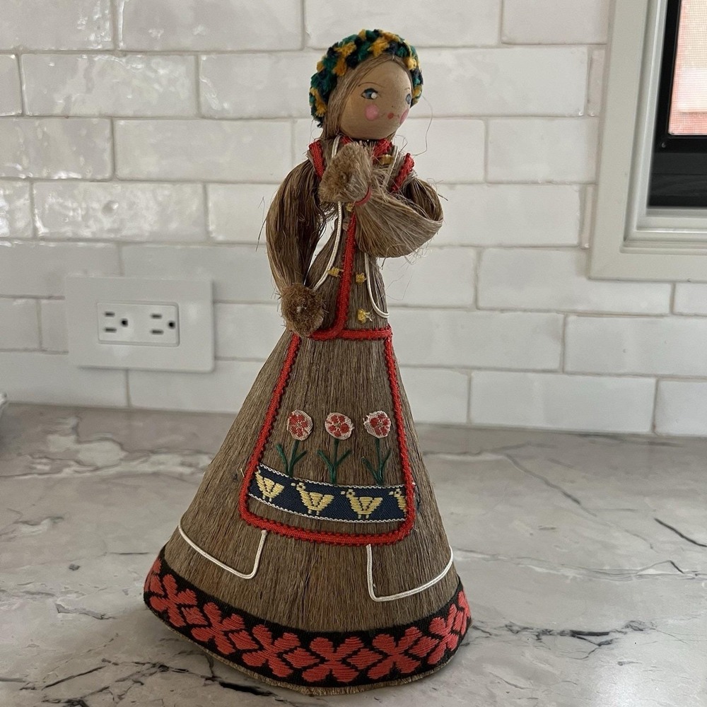 Vintage Folk Art Wood Flax Corn Husk‎ Doll Russian American Company Sitka